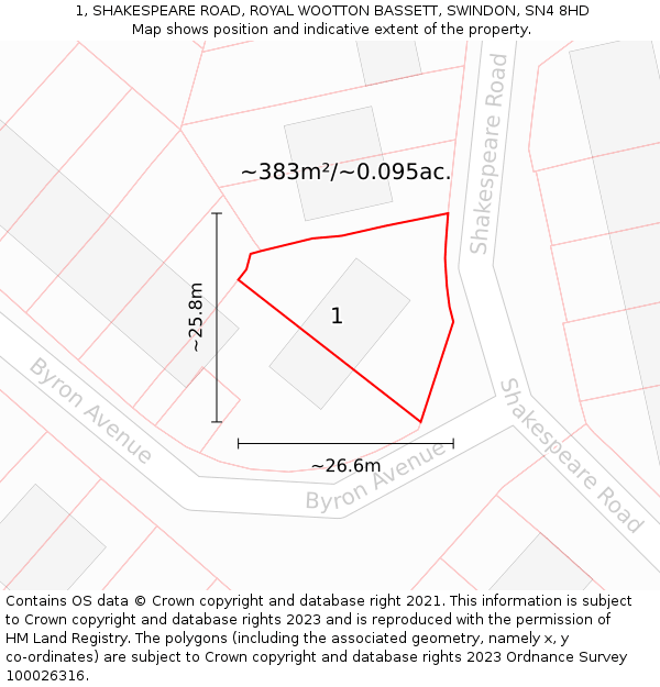 1, SHAKESPEARE ROAD, ROYAL WOOTTON BASSETT, SWINDON, SN4 8HD: Plot and title map
