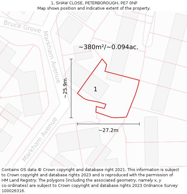 1, SHAW CLOSE, PETERBOROUGH, PE7 0NP: Plot and title map