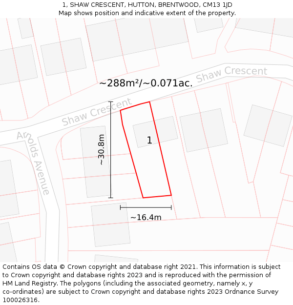 1, SHAW CRESCENT, HUTTON, BRENTWOOD, CM13 1JD: Plot and title map