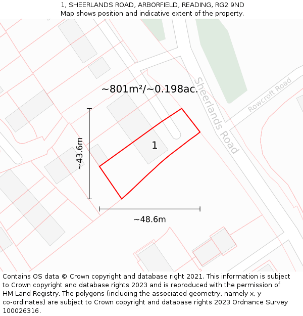 1, SHEERLANDS ROAD, ARBORFIELD, READING, RG2 9ND: Plot and title map