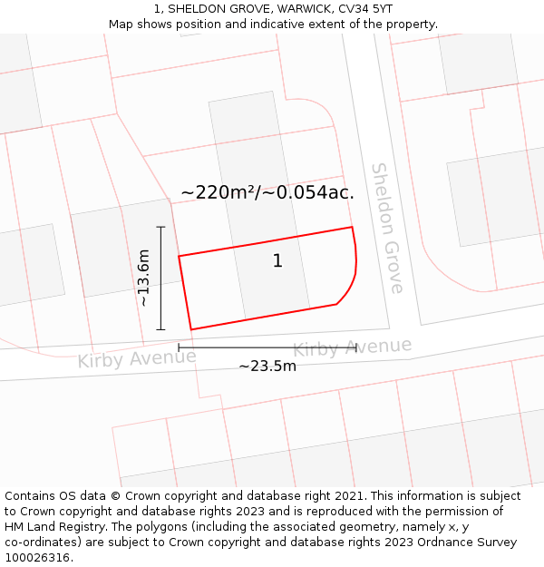 1, SHELDON GROVE, WARWICK, CV34 5YT: Plot and title map