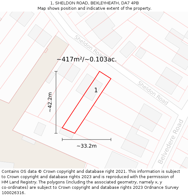 1, SHELDON ROAD, BEXLEYHEATH, DA7 4PB: Plot and title map