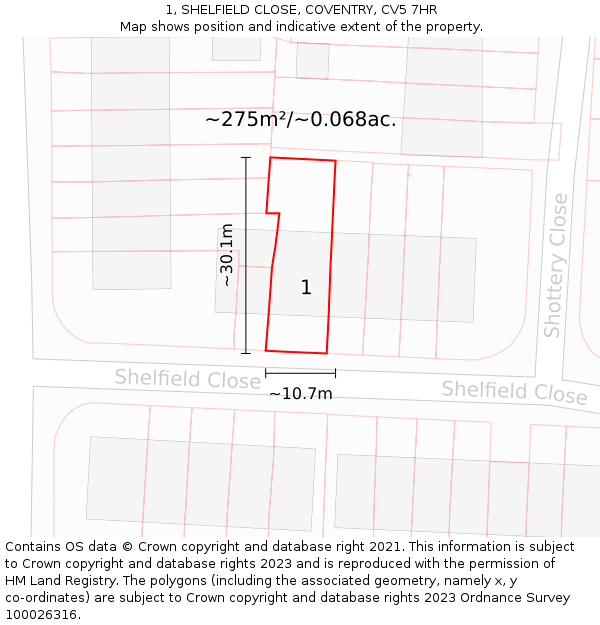 1, SHELFIELD CLOSE, COVENTRY, CV5 7HR: Plot and title map