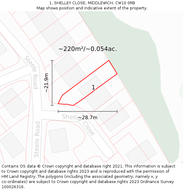 1, SHELLEY CLOSE, MIDDLEWICH, CW10 0RB: Plot and title map