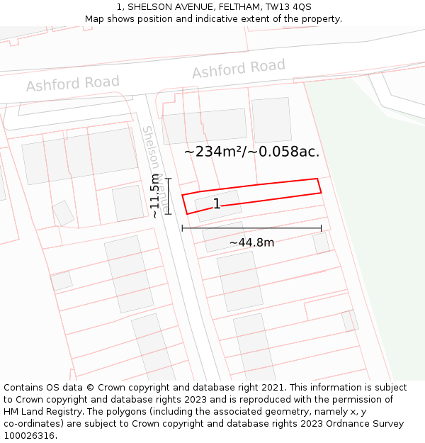1, SHELSON AVENUE, FELTHAM, TW13 4QS: Plot and title map