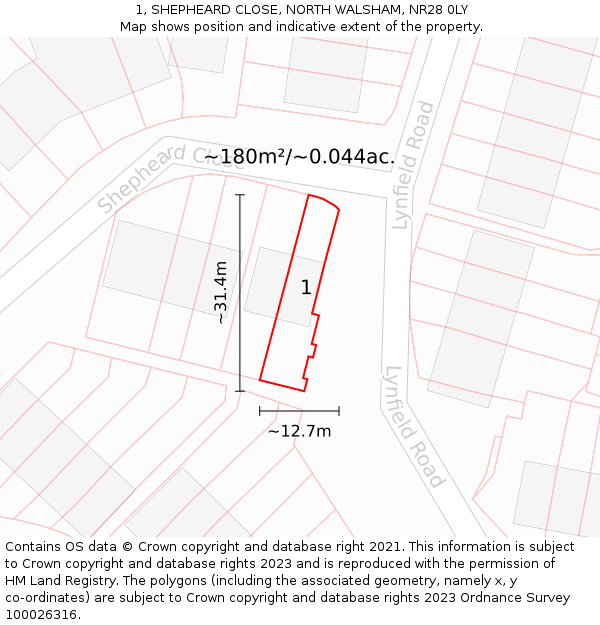1, SHEPHEARD CLOSE, NORTH WALSHAM, NR28 0LY: Plot and title map