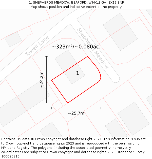 1, SHEPHERDS MEADOW, BEAFORD, WINKLEIGH, EX19 8NF: Plot and title map