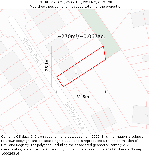 1, SHIRLEY PLACE, KNAPHILL, WOKING, GU21 2PL: Plot and title map