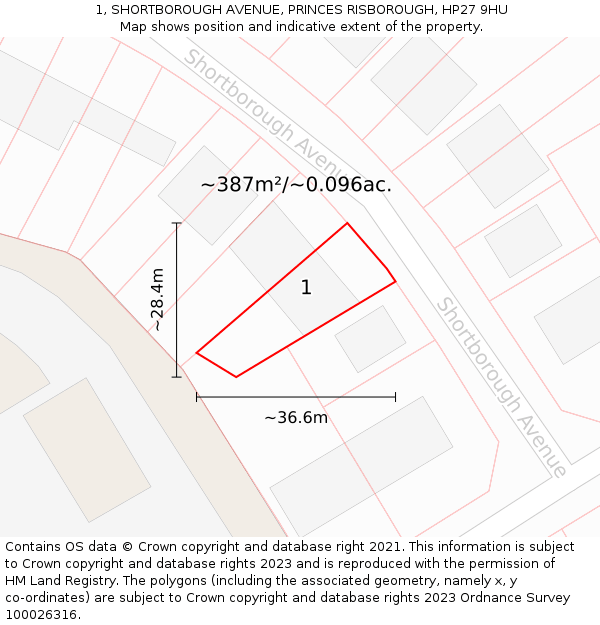 1, SHORTBOROUGH AVENUE, PRINCES RISBOROUGH, HP27 9HU: Plot and title map