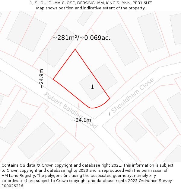 1, SHOULDHAM CLOSE, DERSINGHAM, KING'S LYNN, PE31 6UZ: Plot and title map