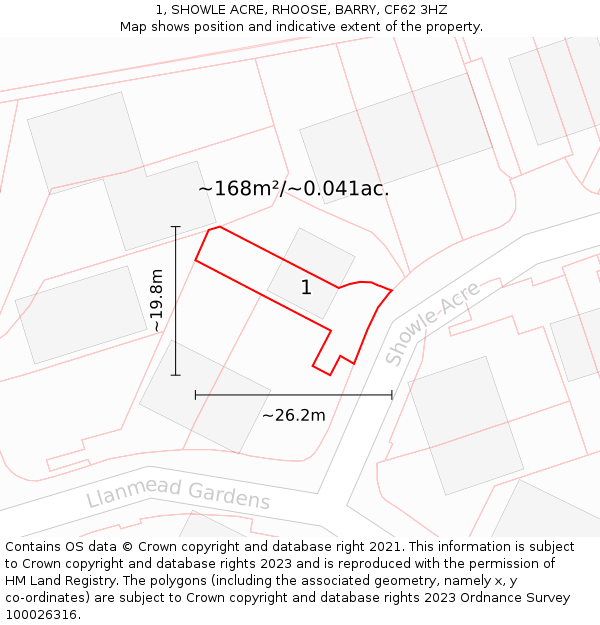 1, SHOWLE ACRE, RHOOSE, BARRY, CF62 3HZ: Plot and title map