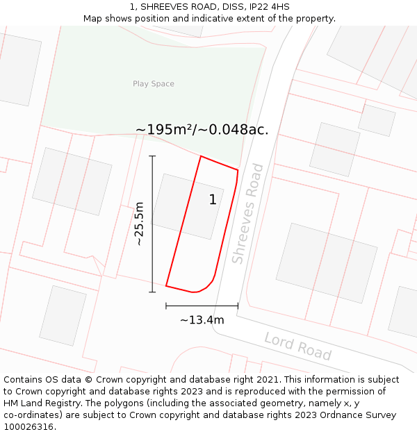 1, SHREEVES ROAD, DISS, IP22 4HS: Plot and title map