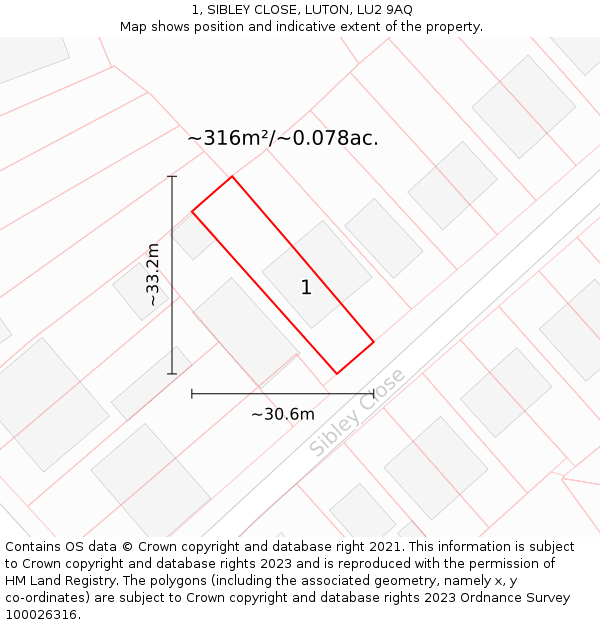 1, SIBLEY CLOSE, LUTON, LU2 9AQ: Plot and title map