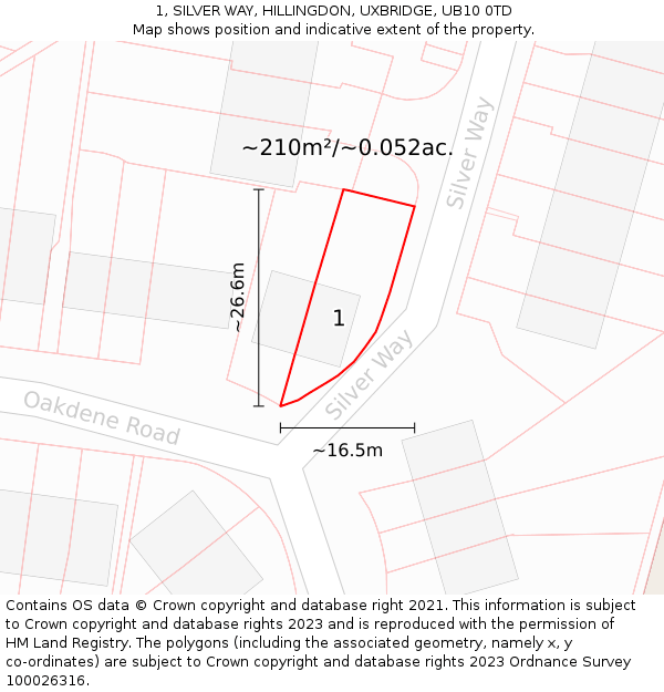 1, SILVER WAY, HILLINGDON, UXBRIDGE, UB10 0TD: Plot and title map