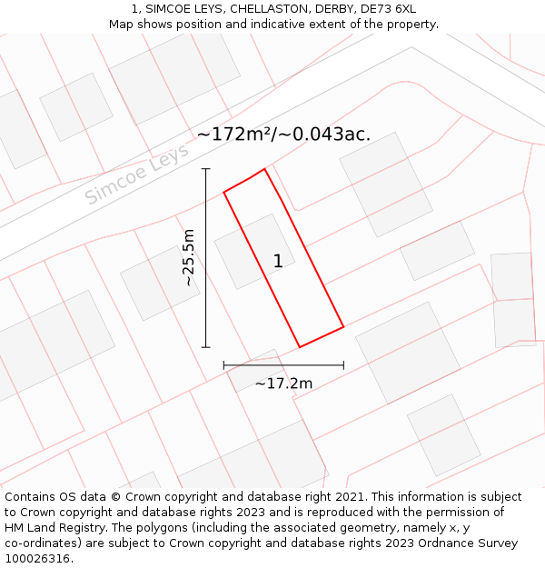 1, SIMCOE LEYS, CHELLASTON, DERBY, DE73 6XL: Plot and title map