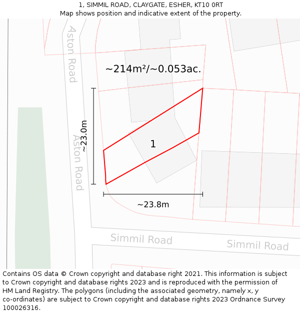 1, SIMMIL ROAD, CLAYGATE, ESHER, KT10 0RT: Plot and title map