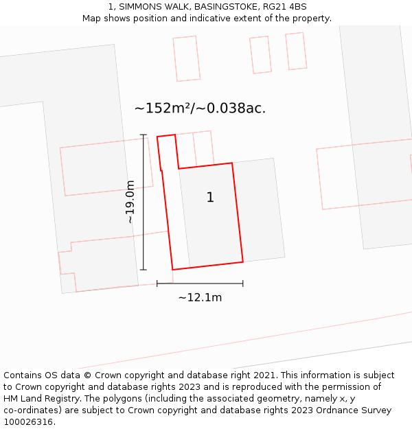 1, SIMMONS WALK, BASINGSTOKE, RG21 4BS: Plot and title map