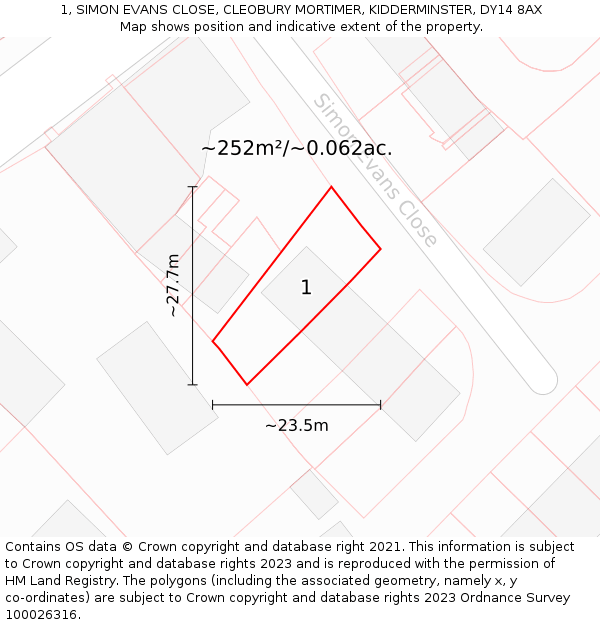 1, SIMON EVANS CLOSE, CLEOBURY MORTIMER, KIDDERMINSTER, DY14 8AX: Plot and title map