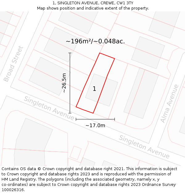 1, SINGLETON AVENUE, CREWE, CW1 3TY: Plot and title map
