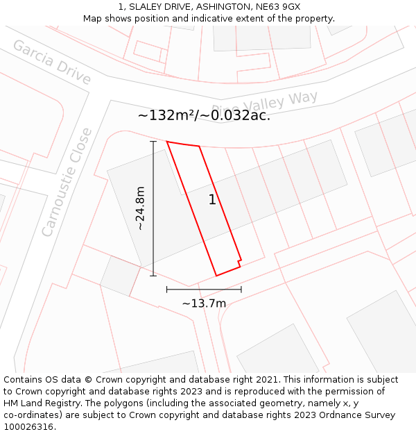 1, SLALEY DRIVE, ASHINGTON, NE63 9GX: Plot and title map