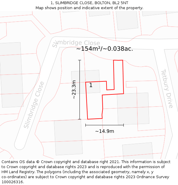 1, SLIMBRIDGE CLOSE, BOLTON, BL2 5NT: Plot and title map