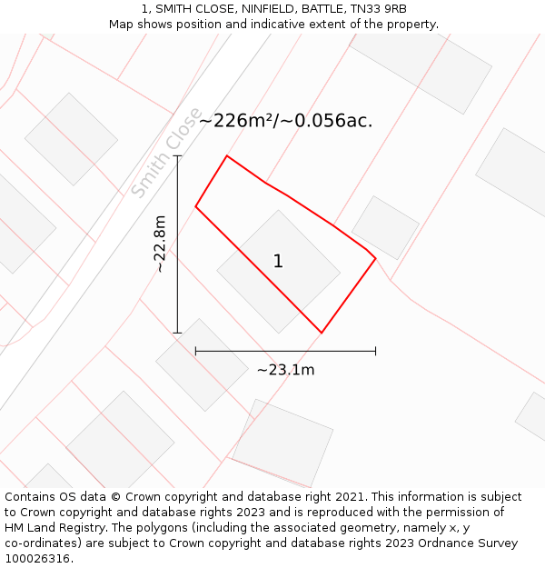 1, SMITH CLOSE, NINFIELD, BATTLE, TN33 9RB: Plot and title map