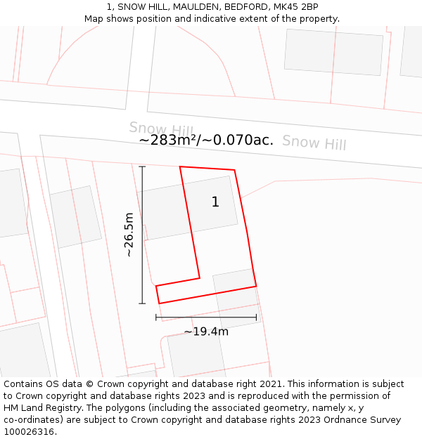 1, SNOW HILL, MAULDEN, BEDFORD, MK45 2BP: Plot and title map
