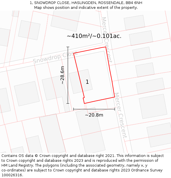 1, SNOWDROP CLOSE, HASLINGDEN, ROSSENDALE, BB4 6NH: Plot and title map