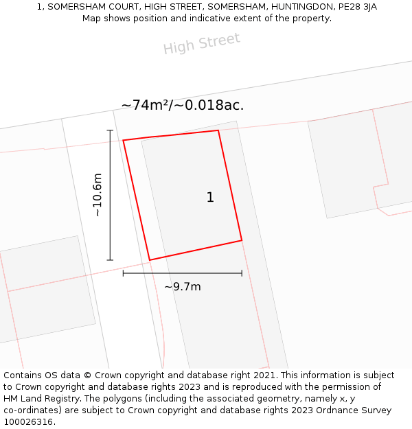 1, SOMERSHAM COURT, HIGH STREET, SOMERSHAM, HUNTINGDON, PE28 3JA: Plot and title map