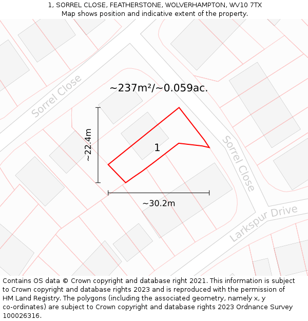 1, SORREL CLOSE, FEATHERSTONE, WOLVERHAMPTON, WV10 7TX: Plot and title map