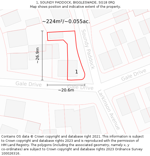 1, SOUNDY PADDOCK, BIGGLESWADE, SG18 0RQ: Plot and title map