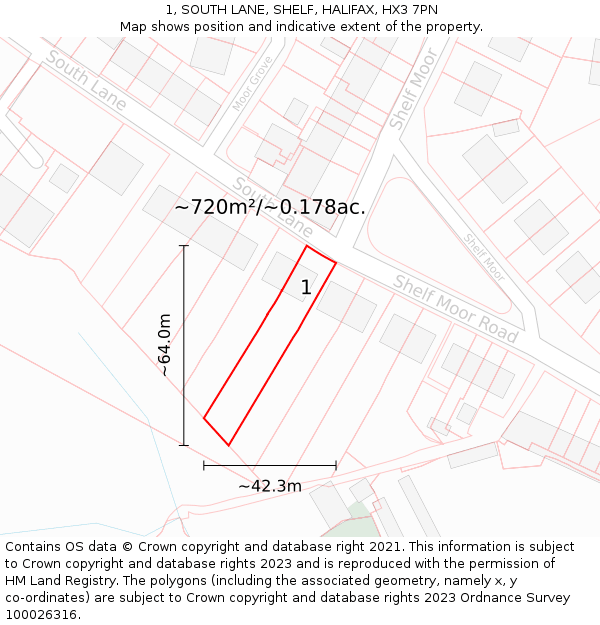 1, SOUTH LANE, SHELF, HALIFAX, HX3 7PN: Plot and title map