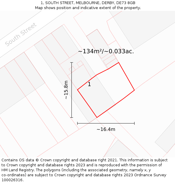 1, SOUTH STREET, MELBOURNE, DERBY, DE73 8GB: Plot and title map