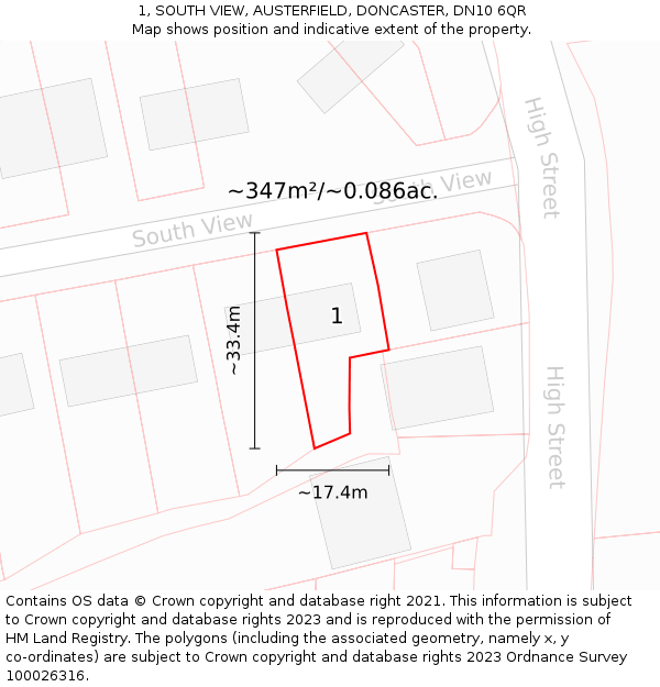 1, SOUTH VIEW, AUSTERFIELD, DONCASTER, DN10 6QR: Plot and title map