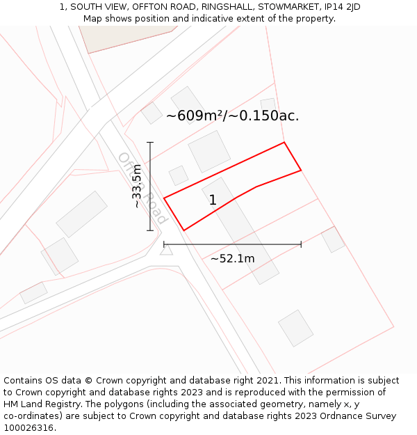 1, SOUTH VIEW, OFFTON ROAD, RINGSHALL, STOWMARKET, IP14 2JD: Plot and title map
