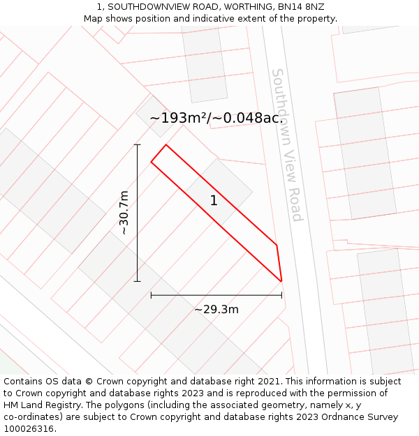 1, SOUTHDOWNVIEW ROAD, WORTHING, BN14 8NZ: Plot and title map