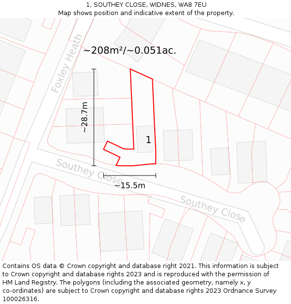 1, SOUTHEY CLOSE, WIDNES, WA8 7EU: Plot and title map