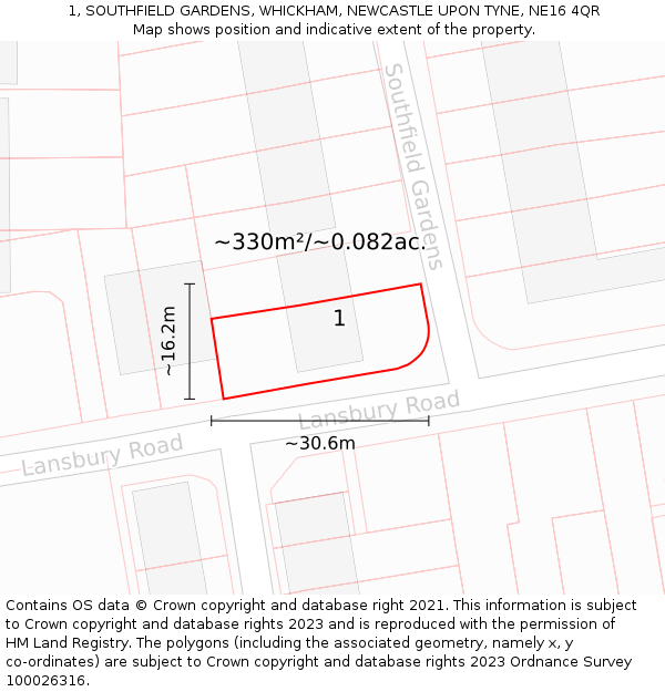 1, SOUTHFIELD GARDENS, WHICKHAM, NEWCASTLE UPON TYNE, NE16 4QR: Plot and title map