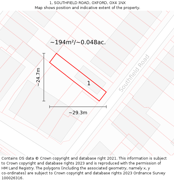 1, SOUTHFIELD ROAD, OXFORD, OX4 1NX: Plot and title map