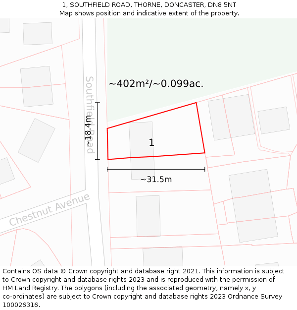 1, SOUTHFIELD ROAD, THORNE, DONCASTER, DN8 5NT: Plot and title map