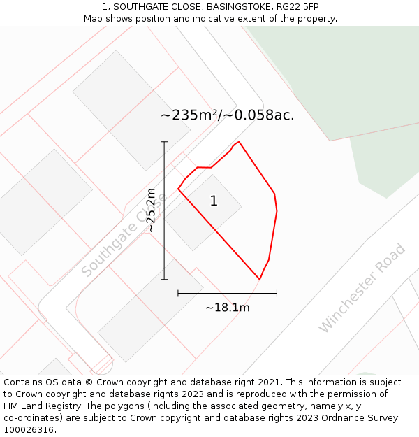 1, SOUTHGATE CLOSE, BASINGSTOKE, RG22 5FP: Plot and title map