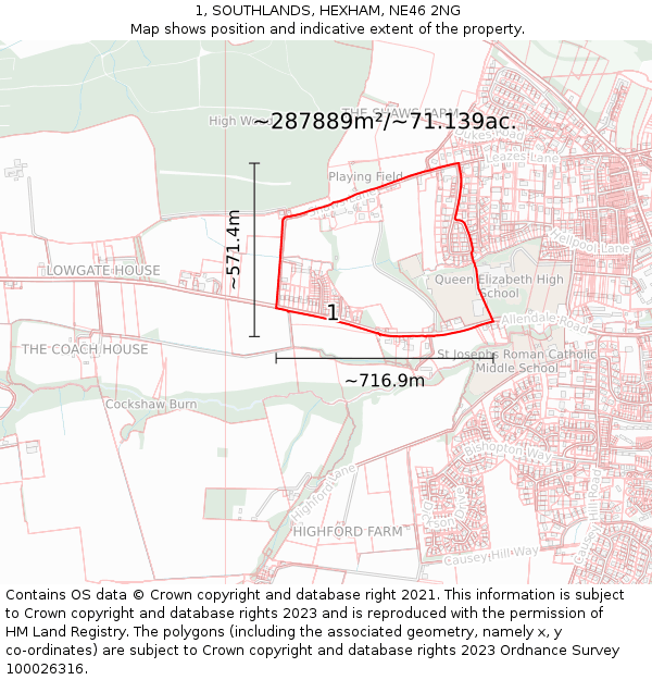 1, SOUTHLANDS, HEXHAM, NE46 2NG: Plot and title map