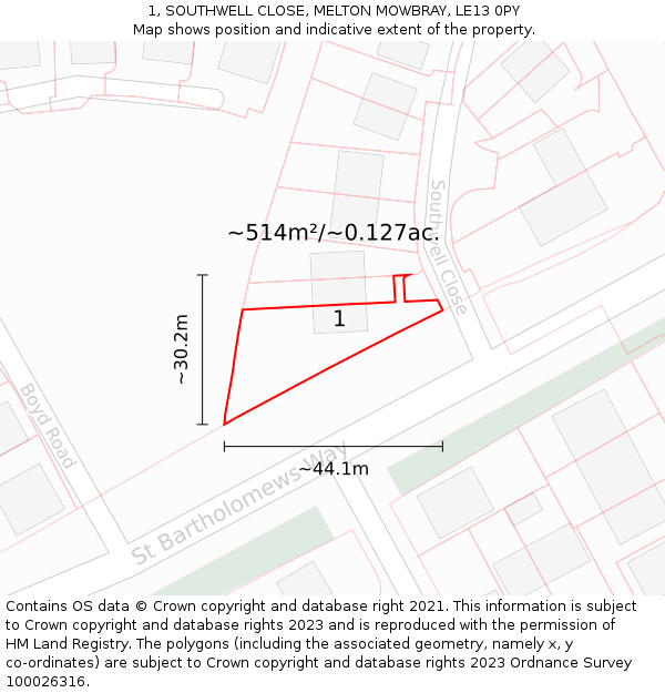 1, SOUTHWELL CLOSE, MELTON MOWBRAY, LE13 0PY: Plot and title map