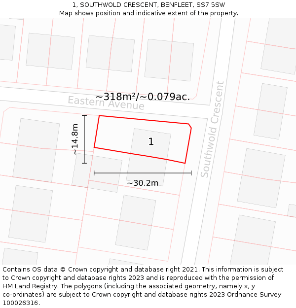 1, SOUTHWOLD CRESCENT, BENFLEET, SS7 5SW: Plot and title map