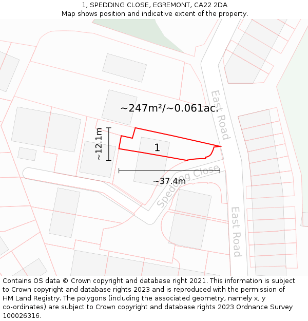 1, SPEDDING CLOSE, EGREMONT, CA22 2DA: Plot and title map
