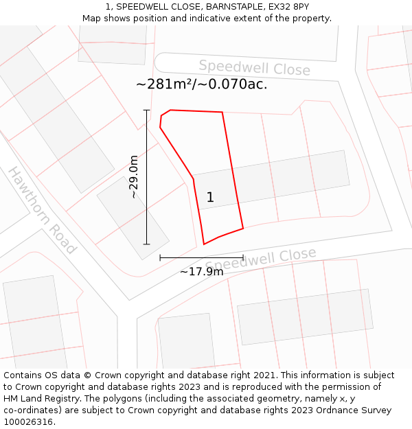 1, SPEEDWELL CLOSE, BARNSTAPLE, EX32 8PY: Plot and title map