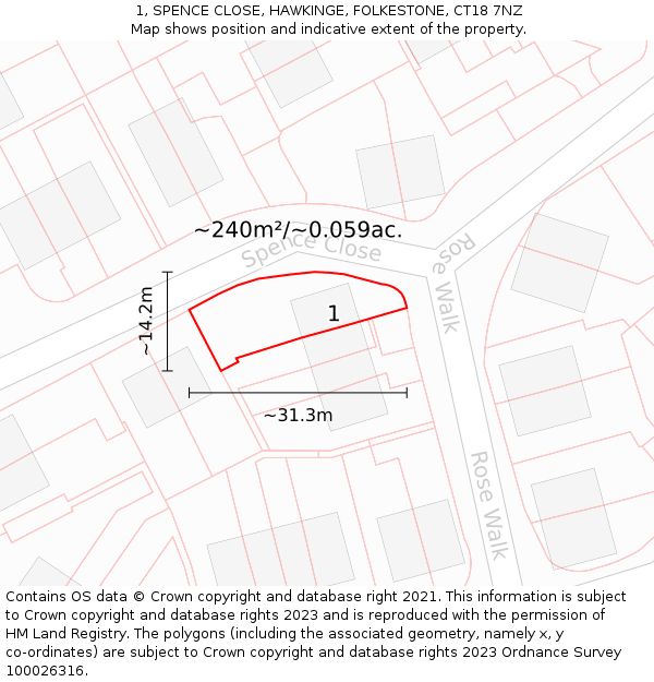 1, SPENCE CLOSE, HAWKINGE, FOLKESTONE, CT18 7NZ: Plot and title map