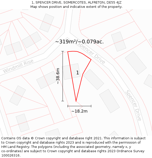 1, SPENCER DRIVE, SOMERCOTES, ALFRETON, DE55 4JZ: Plot and title map