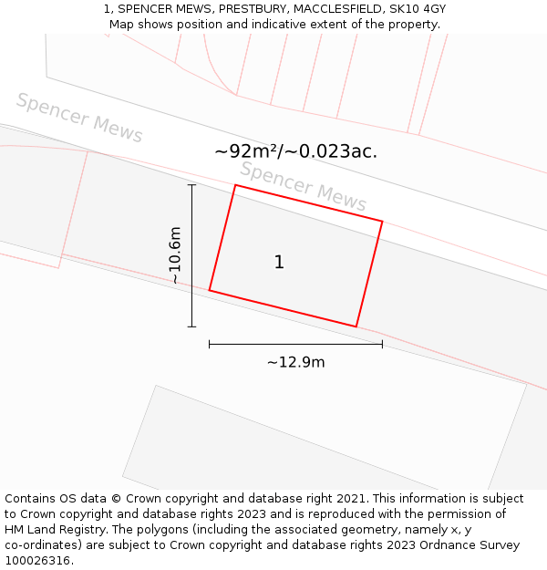 1, SPENCER MEWS, PRESTBURY, MACCLESFIELD, SK10 4GY: Plot and title map
