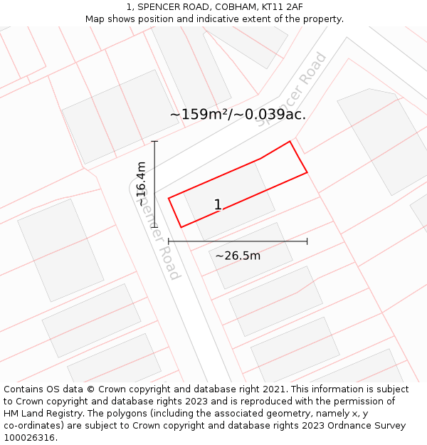 1, SPENCER ROAD, COBHAM, KT11 2AF: Plot and title map